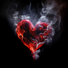 Red heart symbol made of smoke isolated on black background. Generative AI