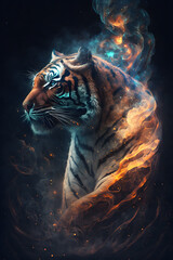 Głowa tygrys połączona z mgławicą galaktyczną. Tygrys na czarnym tle w magicznym, abstrakcyjnym wydaniu. Wygenerowane Ai