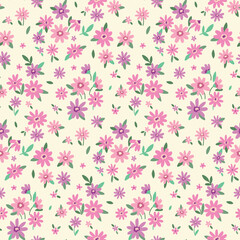 Seamless floral pattern, cute liberty ditsy print with mini plants in pastel colors. Pretty botanical design with small hand drawn pink flowers, leaves on white background. Vector illustration. - obrazy, fototapety, plakaty