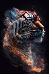 Głowa tygrys połączona z mgławicą galaktyczną. Tygrys na czarnym tle w magicznym, abstrakcyjnym wydaniu. Generative AI - obrazy, fototapety, plakaty