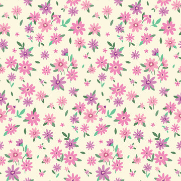 Seamless floral pattern, cute liberty ditsy print with mini plants in pastel colors. Pretty botanical design with small hand drawn pink flowers, leaves on white background. Vector illustration.