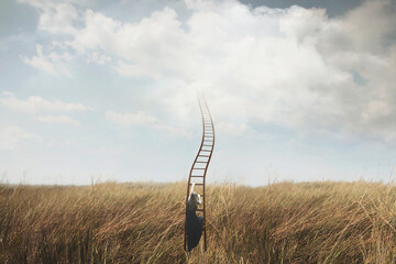 surreal moment of a woman climbing a long ladder leading to the sky in the clouds