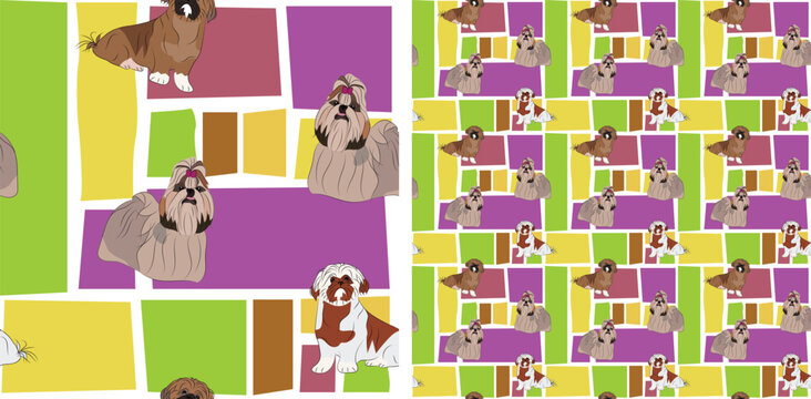 Shih Tzu dog summer bright wallpaper. Holiday abstract shapes square seamless background, repeatable pattern. Birthday wallpaper, Christmas present, print tiles. Simple puzzle with dogs, for pet lover