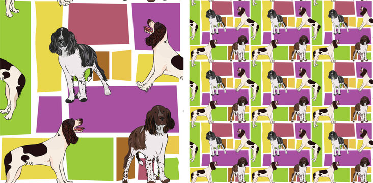 Springer Spaniel dog summer bright wallpaper. Holiday abstract shapes square seamless background, repeatable pattern. Birthday wallpaper, Christmas present, print tiles. Simple puzzle with dogs.