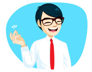 Vector illustration of happy businessman wearing white shirt snaps finger on blue background