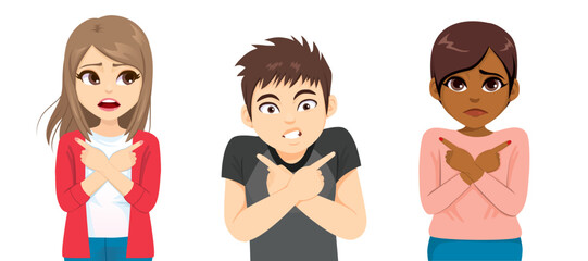 Vector illustration of three thoughtful  teenager student trying to decide.