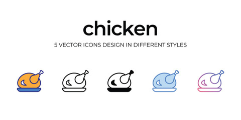 chicken Icon Design in Five style with Editable Stroke. Line, Solid, Flat Line, Duo Tone Color, and Color Gradient Line. Suitable for Web Page, Mobile App, UI, UX and GUI design.