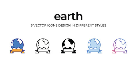 earth Icon Design in Five style with Editable Stroke. Line, Solid, Flat Line, Duo Tone Color, and Color Gradient Line. Suitable for Web Page, Mobile App, UI, UX and GUI design.