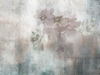 Spectacular watercolor flowers. Digital art illustration. Grunge wallpaper with geometric elements on concrete background. Illustration for wallpaper, mural.