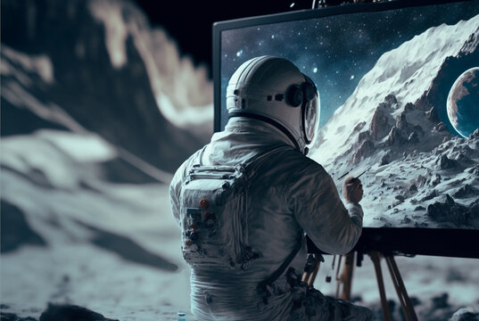 Artist astronaut painting moon landscape on canvas.. The concept of creativity, journey and art. created with ai
