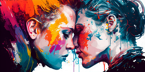 Women love banner, watercolor painting of lesbian couple kiss, generative AI illustration - obrazy, fototapety, plakaty