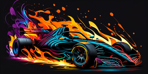 Racing formula car illustration for competition banner and poster, colorful neon and flames art on black background. Generative AI