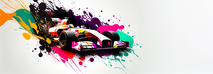 Racing formula car colorful illustration for competition banner and poster, splash art on white background, copy space. Generative AI