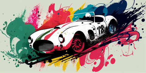 Obraz premium Racing vintage formula car colorful illustration for competition banner and poster, splash art on white background, copy space. Generative AI