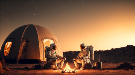 Two astronauts have a sincere conversation in the evening around a campfire near a tent on an alien planet. Expedition to unknown space. Lifestyle and journey concept. created with ai - obrazy, fototapety, plakaty