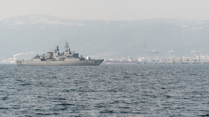 Turkish battleship. TCG Fatih (F-242) frigate patrol in Gulf of Izmit. Turkish naval force