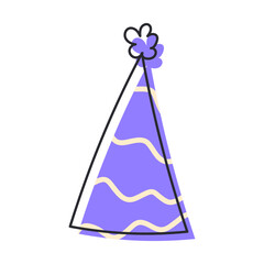 Hand drawn birthday purple cap. Anniversary celebration. Vector illustration of happy birthday on a white background