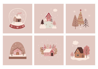 Winter card with houses, trees for Christmas