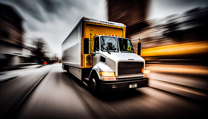 Image of a delivery truck moving on a road generated by AI