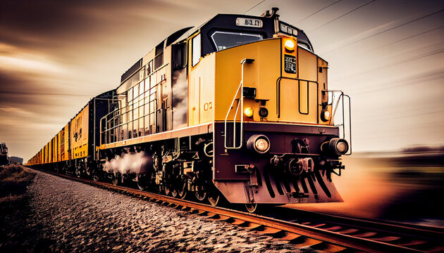 Image of a moving freight train on a railroad track generated by AI