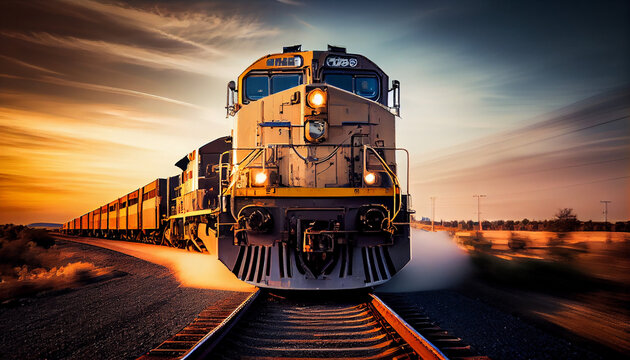 Image of a moving freight train on a railroad track generated by AI