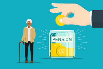 Saving money for pension concept, Business human hand hold coin with coin jar, elderly man on isolated background, Digital marketing illustration.