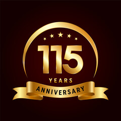 115th Anniversary logo design with golden ribbon. Logo Vector Template Illustration