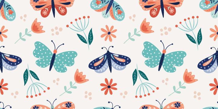 Spring-summer pattern with butterflies and flowers