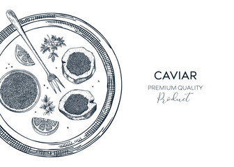 Black caviar background in sketched style. Seafood platter for restaurant menu or finger food party. Hand-drawn tray with tin can, black caviar canapes, lemons and spices sketches isolated on white