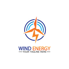 Wind energy logo. renewable energy icon with wind turbines and thunder bolt isolated on white background