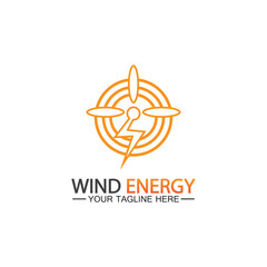 Wind energy logo. renewable energy icon with wind turbines and thunder bolt isolated on white background