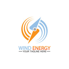Wind energy logo. renewable energy icon with wind turbines and thunder bolt isolated on white background