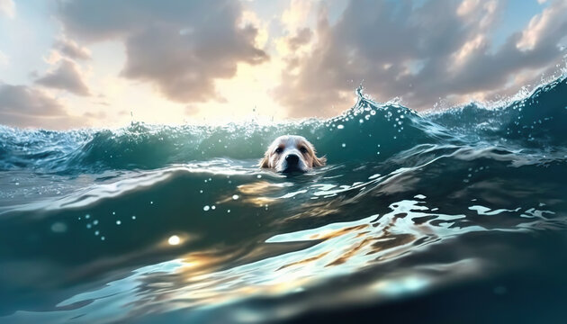 Cute dog is swimming through sea waves of the raging sea with the last of his strength. Based on Generative AI