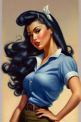 beautiful vintage 1940s pinup woman with long black hair, wearing waitress uniform, generative ai