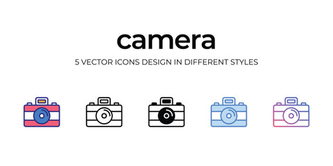camera Icon Design in Five style with Editable Stroke. Line, Solid, Flat Line, Duo Tone Color, and Color Gradient Line. Suitable for Web Page, Mobile App, UI, UX and GUI design.