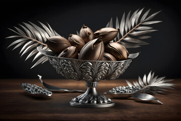Date palm is placed on silver with wooden black background. Generative AI