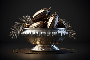Date palm is placed on silver with wooden black background. Generative AI