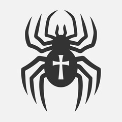 Black spider with 12 legs and a white cross on its back. Vector illustration of scary insect. Fighting organization logo. Sharp paws and jaws. Black spider silhouette isolated on a white background.