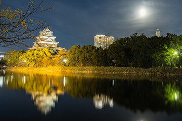 日本　広島県広島市の広島市中央公園内にある夜になってライトアップされた広島城の天守閣と満月