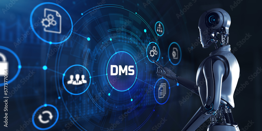Poster dms document management system business process automation rpa concept. robot pressing button on scr