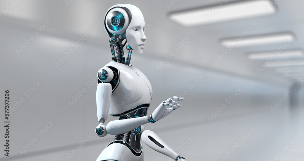 Poster robot cyborg 3d render innovation technology robotisation.