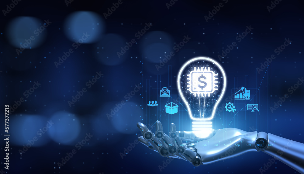 Poster fintech financial technology online banking. robot hand pressing virtual button 3d render.