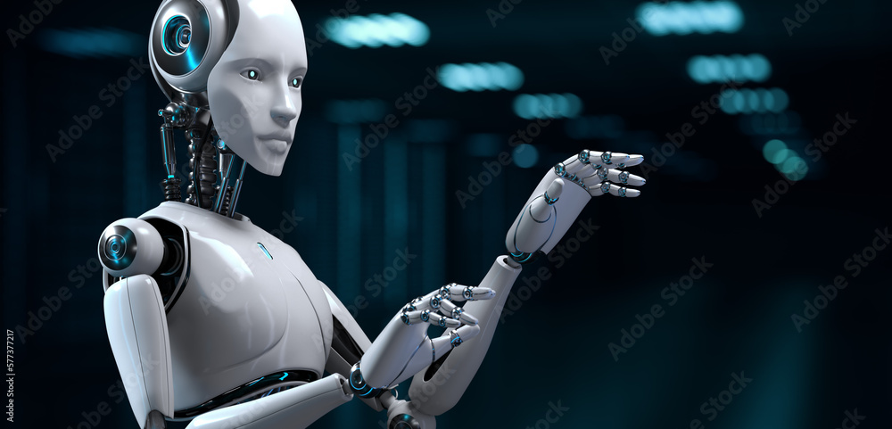 Aufkleber robot cyborg 3d render on blurred background. innovation technology robotisation.