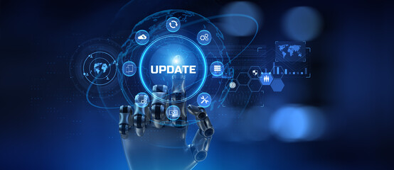 Update system software new version upgrade download. Robot hand pressing button on screen 3d render.