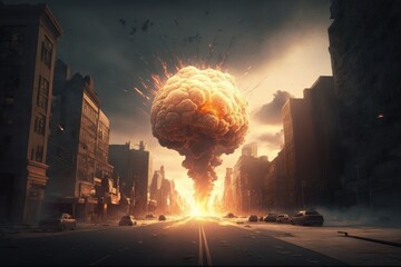 Big city explosion. Bomb explosion or asteroid impact in a big city. (Generative AI)