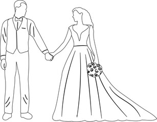 Fototapeta premium sketch of bride and groom line drawing on white background isolated, vector