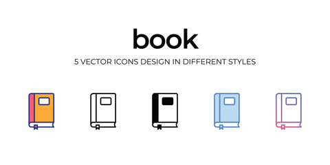 book Icon Design in Five style with Editable Stroke. Line, Solid, Flat Line, Duo Tone Color, and Color Gradient Line. Suitable for Web Page, Mobile App, UI, UX and GUI design.