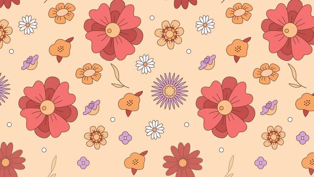 Animated flowers seamless pattern. Retro bouquet. Repeated motion graphic background. Looped animation. Color cartoon style 4K video footage with alpha channel transparency for web design