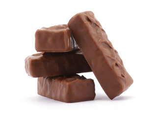 Chocolate bar isolated on white background. Delicious chocolate and caramel bar.