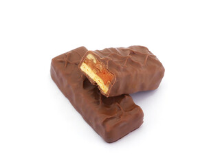 Chocolate bar isolated on white background. Delicious chocolate and caramel bar.